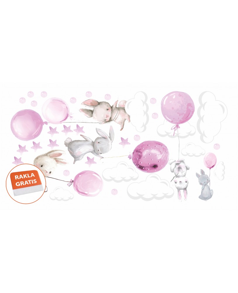Naklejka na ścianę dla dzieci urocze pastelowe naklejki króliczki króliki baloniki balony różowe studiograf