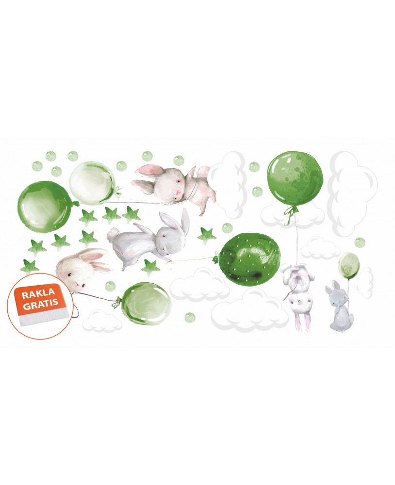 Naklejka na ścianę dla dzieci urocze pastelowe naklejki króliczki króliki baloniki balony zielone studiograf