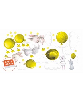 Naklejka na ścianę dla dzieci urocze pastelowe naklejki króliczki króliki baloniki balony żółte studiograf
