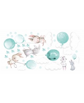 Naklejka na ścianę dla dzieci urocze pastelowe naklejki króliczki króliki baloniki balony miętowe studiograf