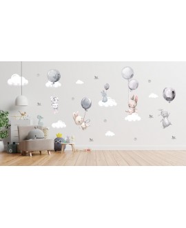 Naklejka na ścianę dla dzieci urocze pastelowe naklejki króliczki króliki baloniki balony szare studiograf