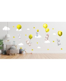 Naklejka na ścianę dla dzieci urocze pastelowe naklejki króliczki króliki baloniki balony żółte studiograf