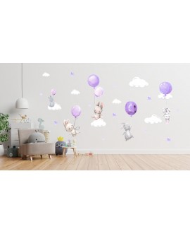 Naklejka na ścianę dla dzieci urocze pastelowe naklejki króliczki króliki baloniki balony fioletowe studiograf