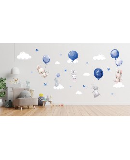 Naklejka na ścianę dla dzieci urocze pastelowe naklejki króliczki króliki baloniki balony granatowe studiograf