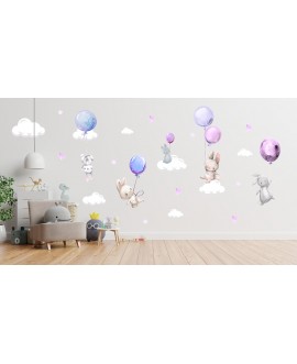 Naklejka na ścianę dla dzieci urocze pastelowe naklejki króliczki króliki baloniki balony różowo fioletowe studiograf