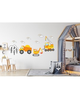 Naklejka na ścianę dla dzieci naklejki żółte koparki maszyny traktor dźwig studiograf