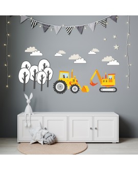 Naklejka na ścianę dla dzieci żółte naklejki koparki maszyny traktor wywrotka chmurki drzewa studiograf