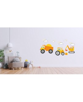Naklejka na ścianę dla dzieci żółte naklejki koparki maszyny traktor wywrotka chmurki drzewa studiograf
