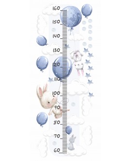 Naklejka na ścianę miarka wzrostu słodkie pastelowe króliczki balony niebieskie samoprzylepna miarka studiograf