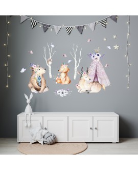Naklejka na ścianę dla dzieci słodkie pastelowe naklejki zwierzątka leśne niedźwiedź lis sarenka drzewa sowa ptaszki stud