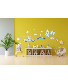 Naklejka na ścianę dla dzieci urocze pastelowe naklejki samochody zwierzątka drzewa chmurki studiograf