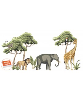 Naklejka na ścianę dla dzieci zwierzątka zwierzęta dżungla słoń lew żyrafa drzewa studiograf