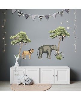 Naklejka na ścianę dla dzieci zwierzątka zwierzęta dżungla słoń lew żyrafa drzewa studiograf
