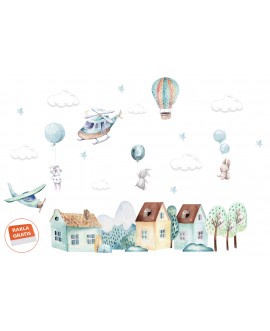 Naklejka na ścianę dla dzieci pastelowe naklejki domki samoloty balony samolot króliczki studiograf