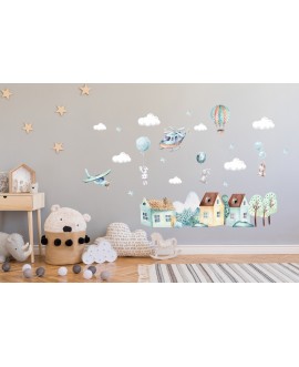 Naklejka na ścianę dla dzieci pastelowe naklejki domki samoloty balony samolot króliczki studiograf