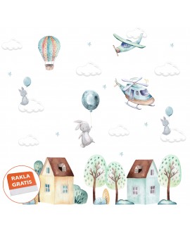 Naklejka na ścianę dla dzieci pastelowe naklejki króliczki balony balon samoloty samolot domki studiograf