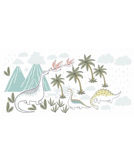 Naklejka na ścianę dla dzieci pastelowe naklejki dinozaury dinozaur dino wulkan palmy drzewa chmurki studiograf