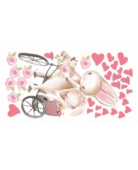 Naklejka na ścianę dla dzieci słodkie pastelowe naklejki króliczki na rowerze rower serduszka kwiatki kwiatuszki studiograf