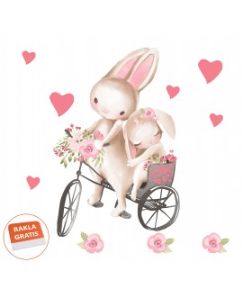 Naklejka na ścianę dla dzieci słodkie pastelowe naklejki króliczki na rowerze rower serduszka kwiatki kwiatuszki studiograf