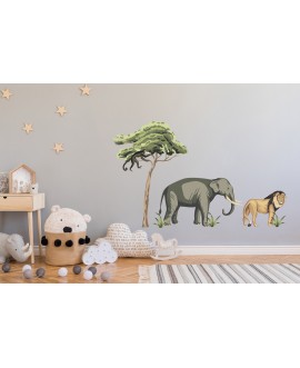 Naklejka na ścianę dla dzieci naklejki lew słoń drzewa liście dżungla zwierzątka małpa studiograf