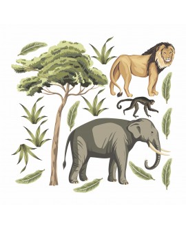 Naklejka na ścianę dla dzieci naklejki lew słoń drzewa liście dżungla zwierzątka małpa studiograf