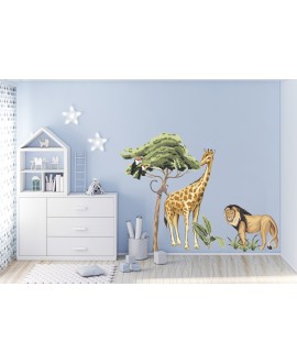 Naklejka na ścianę dla dzieci naklejki zwierzątka żyrafa małpka małpa tukany lew drzewa krzewy dżungla studiograf
