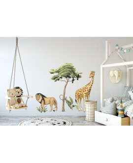 Naklejka na ścianę dla dzieci naklejki zwierzątka żyrafa małpka małpa tukany lew drzewa krzewy dżungla studiograf