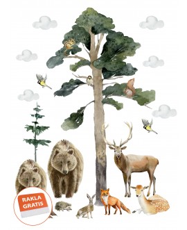 Naklejka na ścianę dla dzieci urocze naklejki zwierzątka las niedźwiedź jeleń sarna lis wiewiórka ptaki jeż zając studi