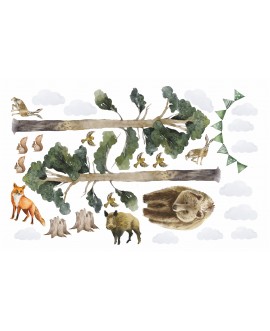 Naklejka na ścianę dla dzieci urocze naklejki zwierzątka las niedźwiedź jeleń sarna lis wiewiórka ptaki jeż zając studi