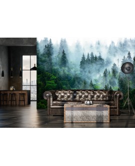 Fototapeta 3D na ścianę  na wymiar  flizelinowa las we mgle drzewa mgła góry tapeta zieleń zielony studiograf