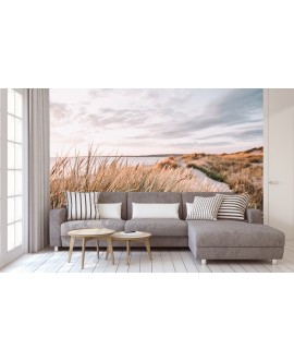 Fototapeta 3D na ścianę  na wymiar  flizelinowa tapeta do salonu kuchni sypialni boho morze zachód słońca trawy plaża stud