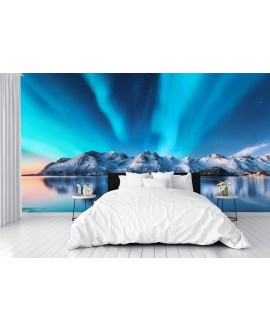 Fototapeta 3D na ścianę  na wymiar  flizelinowa tapeta do salonu sypialni zorza polarna góry błękit niebieski studiograf