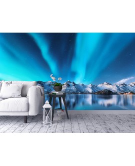 Fototapeta 3D na ścianę  na wymiar  flizelinowa tapeta do salonu sypialni zorza polarna góry błękit niebieski studiograf