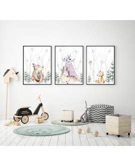 Zestaw 3 trzech obrazków plakatów dla dzieci grafiki plakaty plakat grafika zwierzątka boho las studiograf