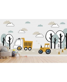 Fototapeta flizelinowa 3D na ścianę wymiar dla dzieci dziecięca traktor wywrotka maszyny budowa drzewa chmurki studiograf