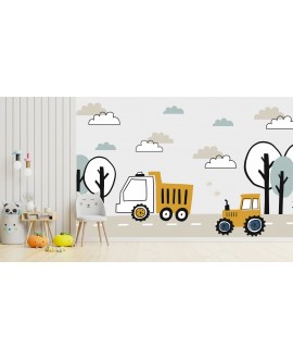 Fototapeta flizelinowa 3D na ścianę wymiar dla dzieci dziecięca traktor wywrotka maszyny budowa drzewa chmurki studiograf
