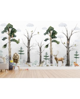 Fototapeta 3D na ścianę na wymiar  flizelinowa dla dzieci dziecięca las zwierzątka zwierzęta leśne drzewa chmurki studiogr
