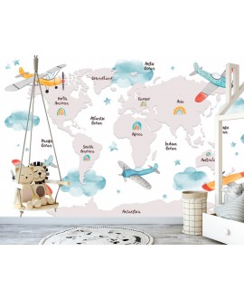 Fototapeta 3D na ścianę na wymiar  flizelinowa dla dzieci dziecięca mapa świata samoloty chmurki państwa kontynenty studiog