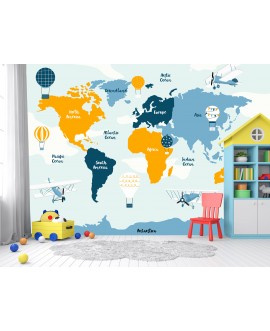Fototapeta 3D na ścianę na wymiar  flizelinowa dla dzieci dziecięca mapa świata samoloty chmurki państwa kontynenty studiog