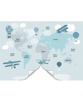 Fototapeta 3D na ścianę na wymiar  flizelinowa dla dzieci dziecięca mapa świata kontynenty samoloty balony chmurki studiogra