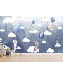 Fototapeta 3D na ścianę na wymiar  flizelinowa dla dzieci dziecięca króliczki króliki chmurki balony baloniki studiograf