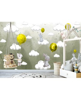 Fototapeta 3D na ścianę na wymiar  flizelinowa dla dzieci dziecięca żółte króliczki balony króliki chmurki baloniki stud