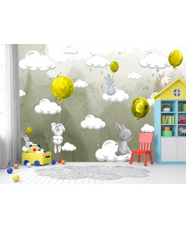 Fototapeta 3D na ścianę na wymiar  flizelinowa dla dzieci dziecięca żółte króliczki balony króliki chmurki baloniki stud