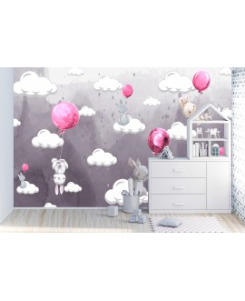 Fototapeta 3D na ścianę na wymiar  flizelinowa dla dzieci dziecięca rózowe pastelowe króliczki balony króliki studiograf