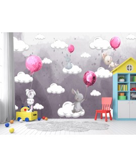 Fototapeta 3D na ścianę na wymiar  flizelinowa dla dzieci dziecięca rózowe pastelowe króliczki balony króliki studiograf