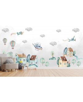 Fototapeta 3D na ścianę na wymiar  flizelinowa dla dzieci dziecięca domki balony chmurki helikopter samoloty studiograf