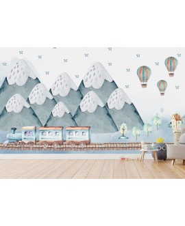 Fototapeta 3D na ścianę na wymiar  flizelinowa dla dzieci dziecięca góry pociąg balony domki studiograf
