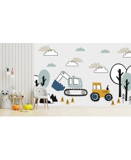 Fototapeta 3D na ścianę na wymiar  flizelinowa dla dzieci dziecięca koparki koparka traktor maszyny las chmurki studiograf