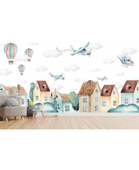 Fototapeta 3D na ścianę na wymiar  flizelinowa dla dzieci dziecięca domki samoloty helikopter balony studiograf