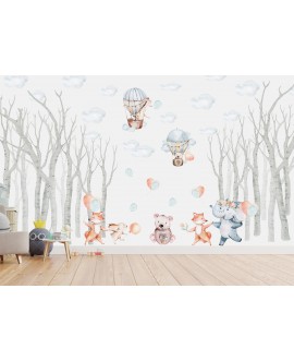 Fototapeta 3D na ścianę na wymiar  flizelinowa dla dzieci dziecięca las zwierzątka balony drzewa zwierzęta studiograf